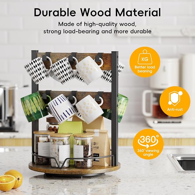 KLM Wood Coffee Mug Holder,12 Hook Mug Tree Holder Rack with Storage Base,Mug Display Organizer,Mug Holders for Home Kitchen,Support 360° rotation for easy access