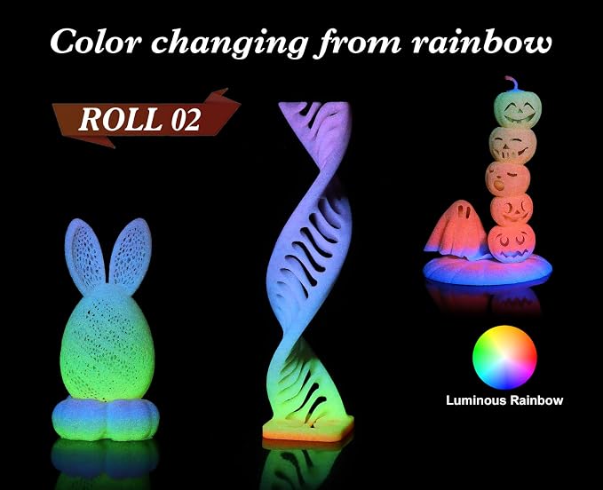 LOVOON Glow in The Dark Filament Multicolor，3D Printer Filament Bundle, PLA Filament 1.75mm, Dimensional Accuracy +/- 0.02 mm，for Halloween and Christmas Decorations, Glow Rainbow, 1KG X 2 Spools
