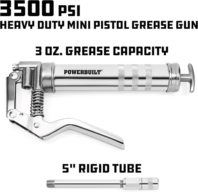 Powerbuilt Mini Pistol Grip Grease Gun with 6 Inch Extension Pipe Attaches at 0 or 90 Degrees, Push Button Air Bleeder Valve; Uses Standard 3 Ounce Cartridges - 648755