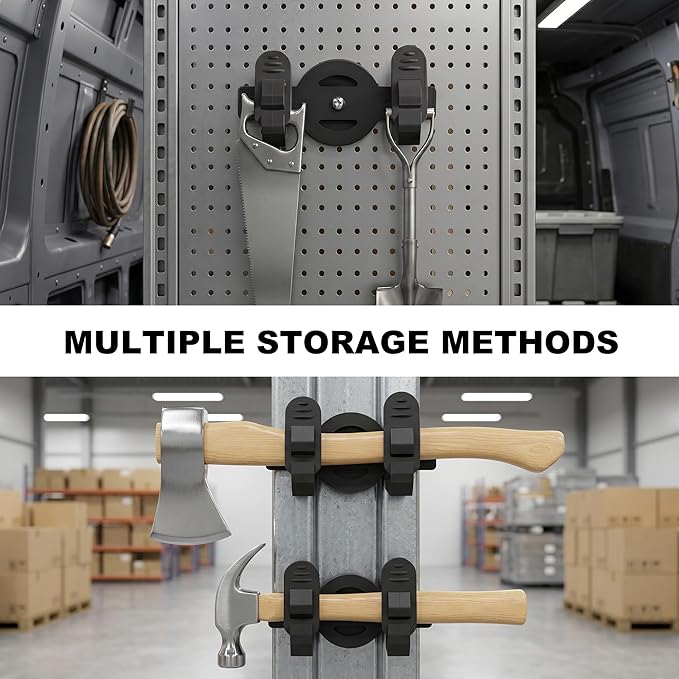 Magnetic Tool Holder for Truck, Double Tier No-Drill Quick Release Shovel Mount Bracket for Utility Tool Organizer Rubber Clamp for Garage, RV, Trailer, Cruise, ATV Storage Molle Panel Accessories