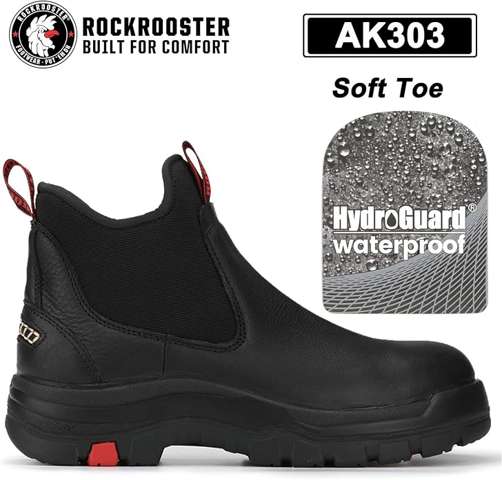 ROCKROOSTER Bakken Men's Black 6 inch Chelsea Boots, EH Rated Waterproof Slip-on Work Boots AK303-Soft Toe, AK323-Steel Toe, CP323-Comp Toe