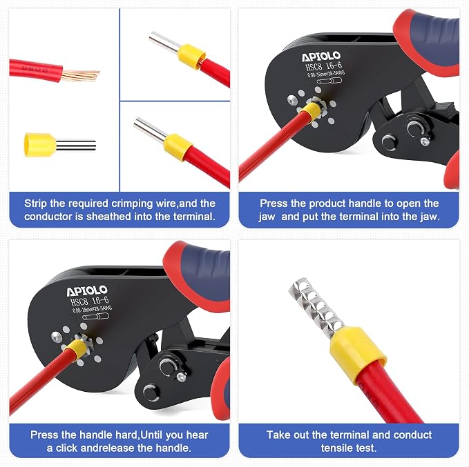 HS-16-6 Ferrule Crimping Tool, 6-Sided Serrated Crimp Ratchet Pliers AWG28-5 0.08-16mm², Labor-Saving Electrical Crimper for Automotive Industrial Household Use