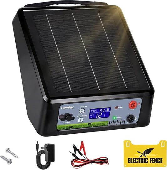 6-12KV Adjustable Output Solar Charger,20 Miles Solar Powered Electric Fence 2 Joules Pulse Energy,24H Protection Solar Powered Electric Fence Kit Suitable for Pets,Poultry,Ranches and Gardens