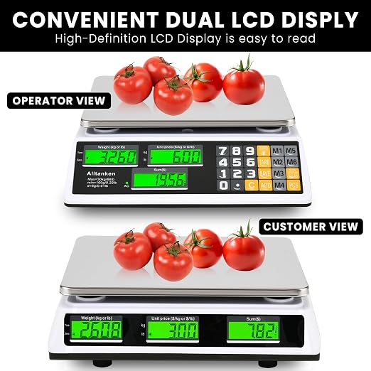 66lb/30kg Digital Price Computing Scale with Dual LCD & Counting Mode — Rechargeable Stainless Steel Food Scale for Farmers Markets, Delis, Bakery & Retail
