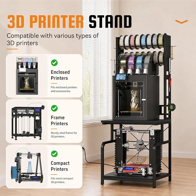 3D Printer Stand with Filament Storage,3D Printer Table with Power Outlets,Sturdy Double-Layer 3D Printer Workstation,for Workshop,Studio,Home Office and 3D Printing Enthusiasts,Carbon Fiber