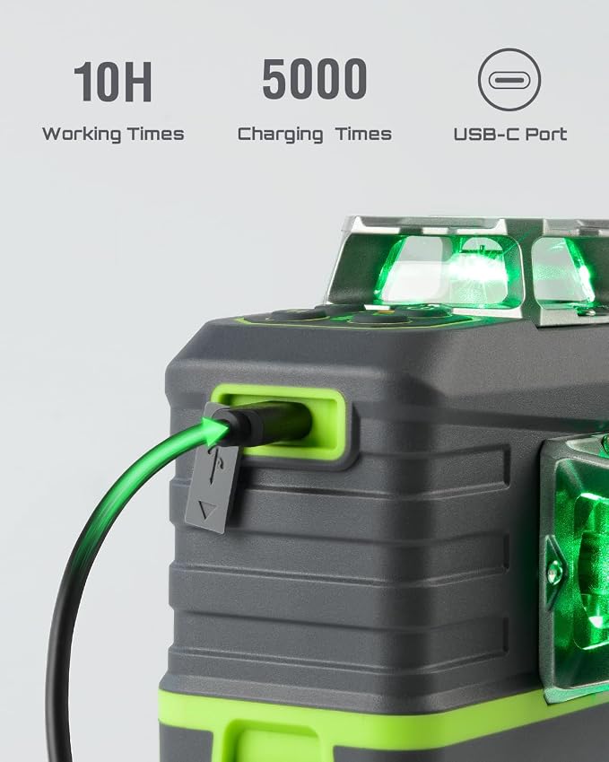 LasGoo Laser Level Self Leveling 360°x3 Green Cross Line Laser Tool for Construction and Picture Hanging, Remote Control, Professional Magnetic Rotating Stand, 2 Rechargeable Batteries - LG-3Ds