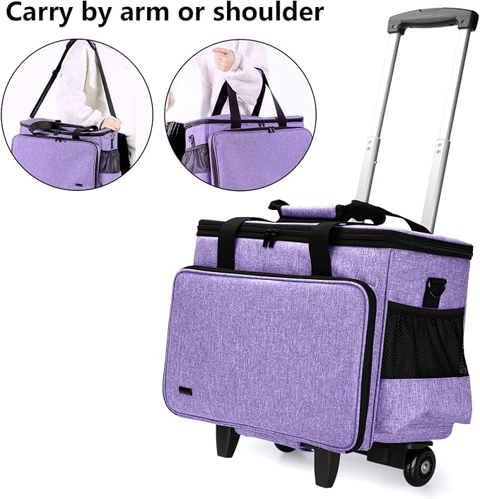 Yarwo Upgraded Rolling Craft Bag with Detachable Trolley and Multi-Pockets | Removable Bottom Board, Wheeled Scrapbook Tote, Large Teacher Gifts Bag, Rolling Briefcase for Teaching & Office, Purple