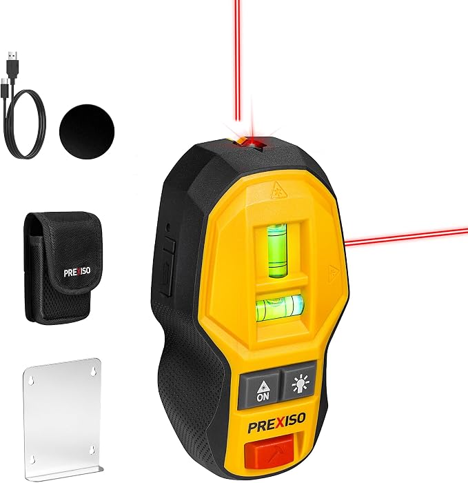 PREXISO 2-in-1 Rechargeable Cross Line Laser Level with Magnetic Stud Finder, Compact Line Lasers with LED Bubble Vials for Accurate Marking for Hanging Frames & Pictures Non-Electronic Stud Finder