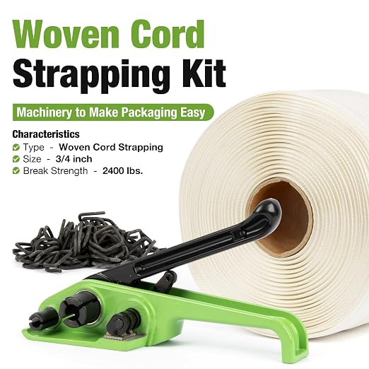 U.S. Solid Manual Banding Strapping Kit, 3/4" x 985' Woven Cord Strapping with Heavy Duty Tensioner & 200pcs Phosphated Metal Buckles, All-in-One Pallet Packaging Tool for Crating, Lumber & Cargo