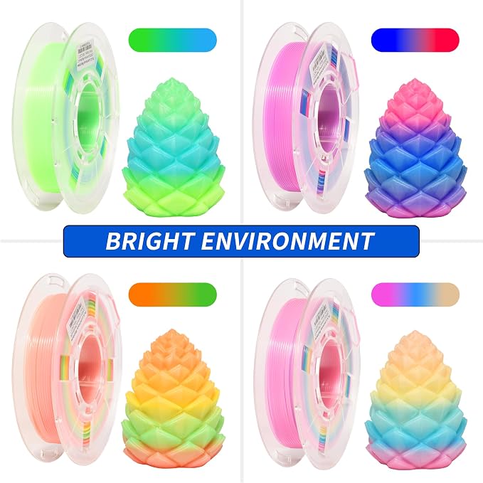 RAMBERY Glow in the Dark Rainbow 3D Printer Filament, Luminous PLA Filament 1.75mm, Dimensional Accuracy +/- 0.02mm, 200gX4 Spools
