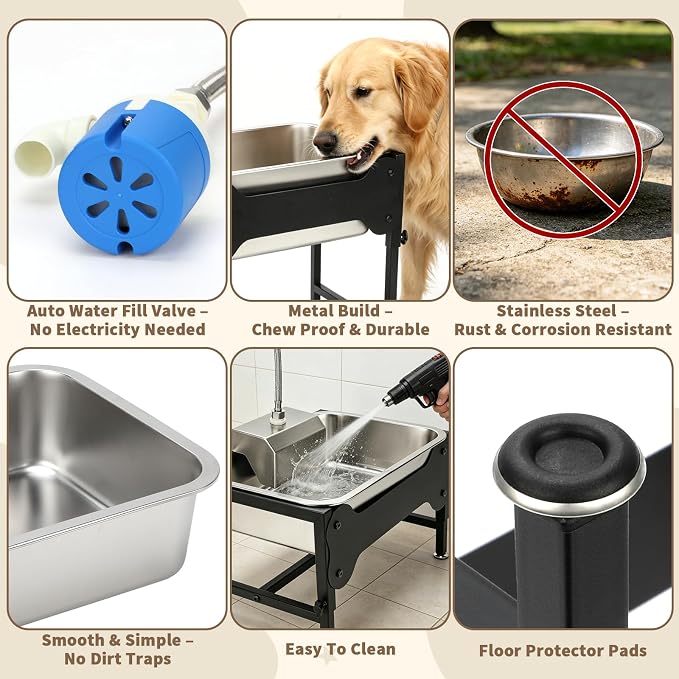YUEPET 3Gal Automatic Dog Water Bowl Dispenser for Large Dogs, Height Adjustable Elevated Dog Water Bowl, Stainless Steel Pet Waterer with Float Valve, Outdoor Non-slip Water Bowl for Dogs Sheep Goats