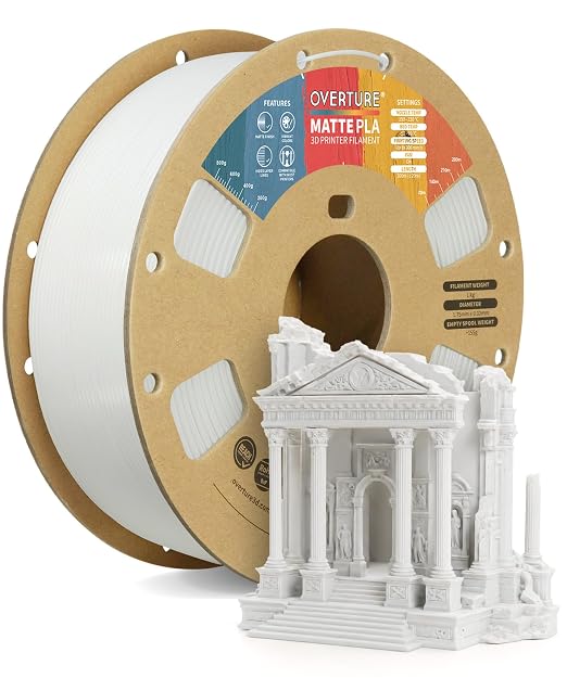 OVERTURE Matte PLA 1.75mm, Low Warp & Smooth Finish 3D Printer Filament | Frosted Matt Finish Hides Layer Lines, 1kg Spool (2.2lbs) Cardboard Spool, Fit Most FDM Printer (Matte White)