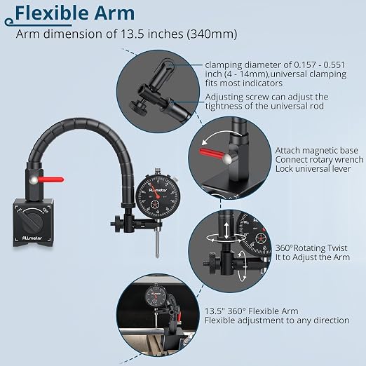 Dial Indicator Set with Magnetic Base,0-1 Inch Range 0.001" Accuracy,176lbs Heavy Duty Flexible Snake Arm Stand,Precision Machinist Tool for Lathe CNC Runout Alignment