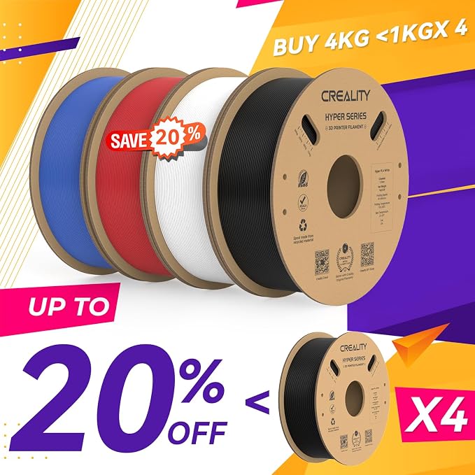 Creality Hyper PLA Filament 1.75mm, 30-600mm/s High Speed 3D Printer Filament, Dimensional Accuracy +/-0.02mm, Fit Most FDM 3D Printers, 4 Pack 1kg Spool(2.2lbs), Black & White & Blue & Red