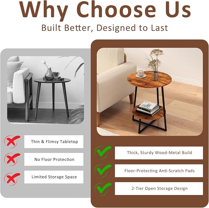 Round End Table - 23.6" H Side Table with Metal Frame, Industrial Accent Tables for Living Room Bedroom, Rustic Brown (1 Pack)