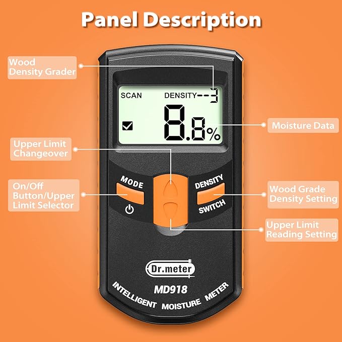 Dr.meter Pinless Wood Moisture Meter, Non-Destructive Moisture Detector for Wood Firewood, 4%-80% Measuring Range Digital Sensor Scanner (MD918)