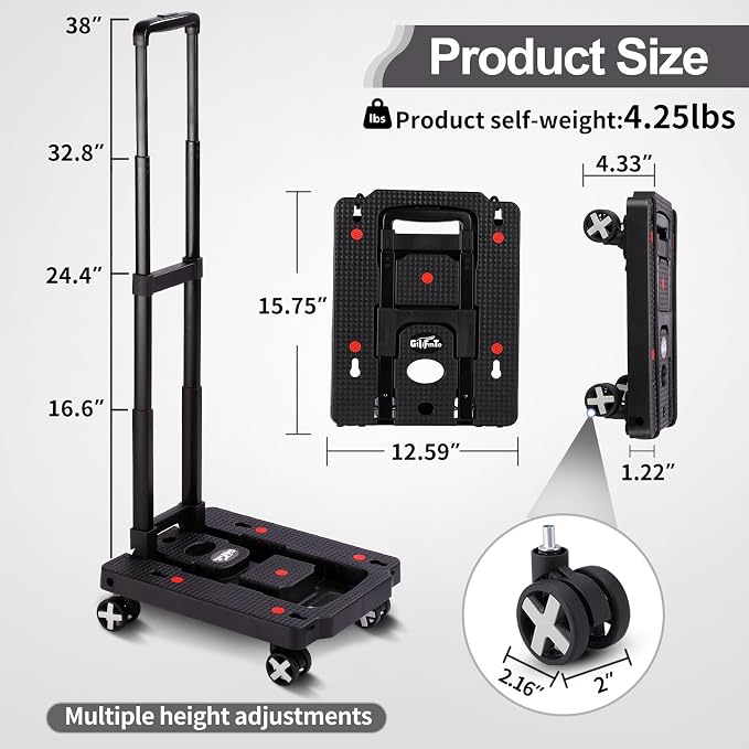 GtIiFmTe Foldable Hand Truck, Lightweight Luggage Cart for Airport Car Seat | Black compact dolly with4wheels,storage size12×15.7×4.1in,300lbs Load,Upright Lock Handle,4 swivel wheels with 3bungee cords
