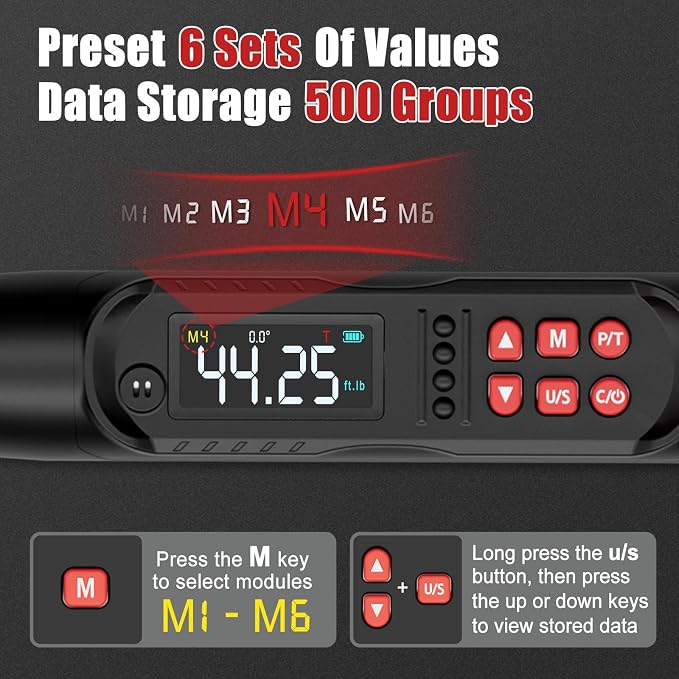 VANPO 3/8 Digital Angle Torque Wrench 2.2-44.2 Ft.lb, ±2% Accuracy | 3-60 Nm Electronic Torque Wrench, Buzzer LED Vibration Alarm, Perfect for Engine, Spark Plug, Carbon Fiber Bike & Motorcycle
