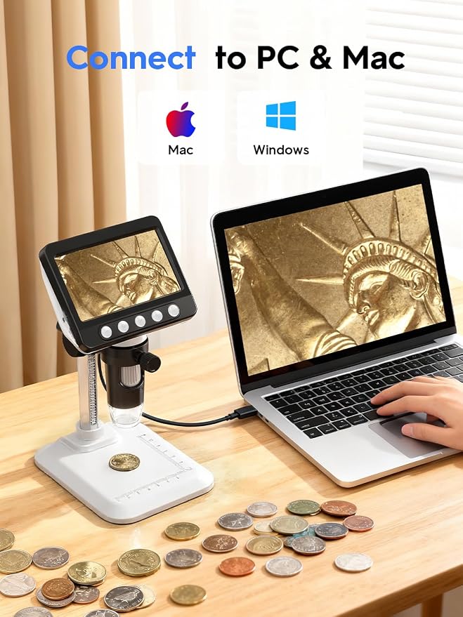 Coin Microscope, 4.3" LCD USB Digital 1000X 1080P Coin Magnifier | 8 Adjustable LED Lights, PC View Compatible with Windows/MacBook for Adults Kids