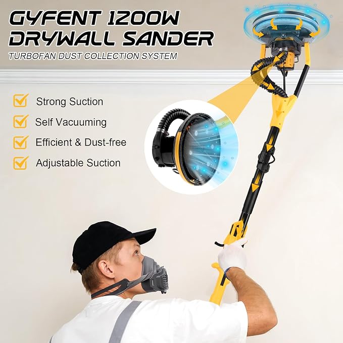 Brushless Drywall Sander, 1200W 10-Amp Popcorn Ceiling Removal Tool with 800-2200RPM 8 Variable Speed 12pcs Sanding Discs Drywall Sander with Vacuum Dust Collector LED Light for Ceiling Sanding