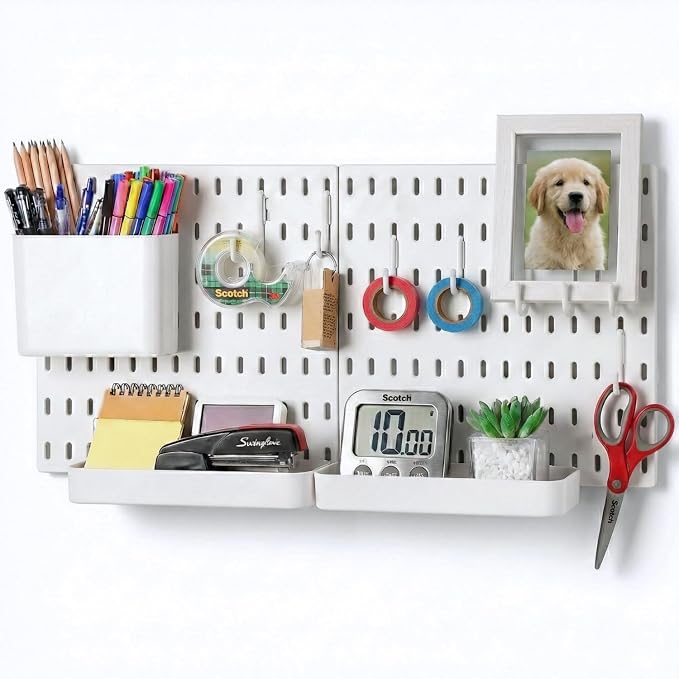 Keepo Peg Board Wall Organizer – Plastic Pegboard Panels, Modular Peg Board Storage System For Home Office, Craft Room, Gaming Setup (White, 22″×11″)