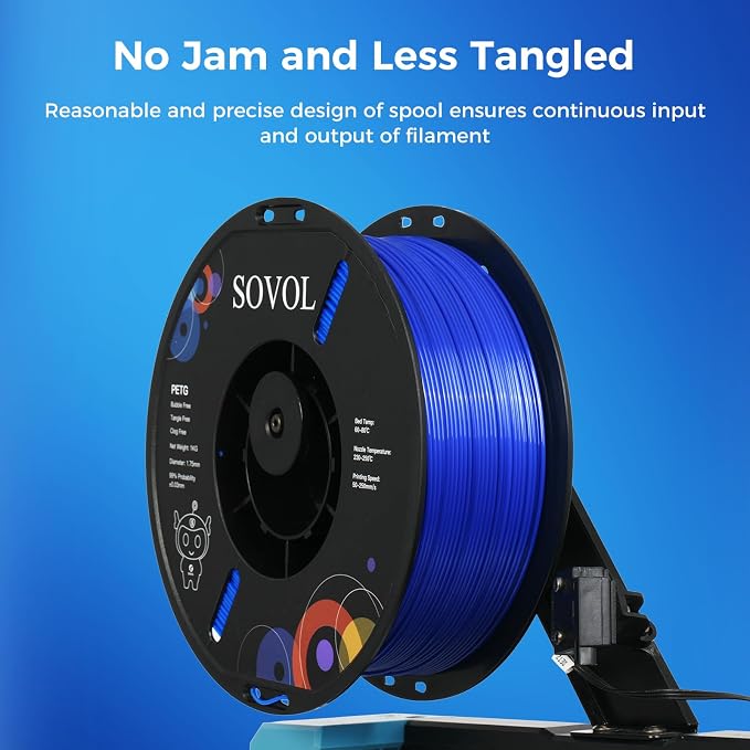 Sovol 3D Printer PETG Filament 1.75mm 1KG (2.2lbs), High Precision, Strong Toughness, Wiring Tightness, Dimensional Accuracy +/- 0.03 mm, 3D Printing PETG Filaments, Blue