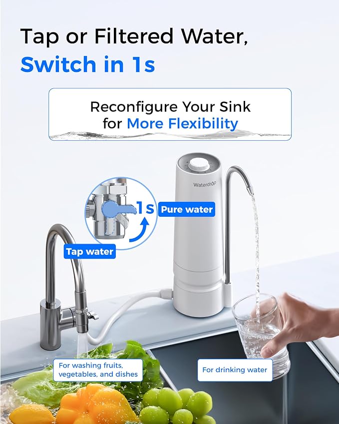 Waterdrop CTF-05 Water Filter for Sink Faucet, Countertop Water Filter System and Filter Life Reminder, Reduces Heavy Metals, Bad Odor, and 99% Chlorine, 4000 Gallons, 1 Filter