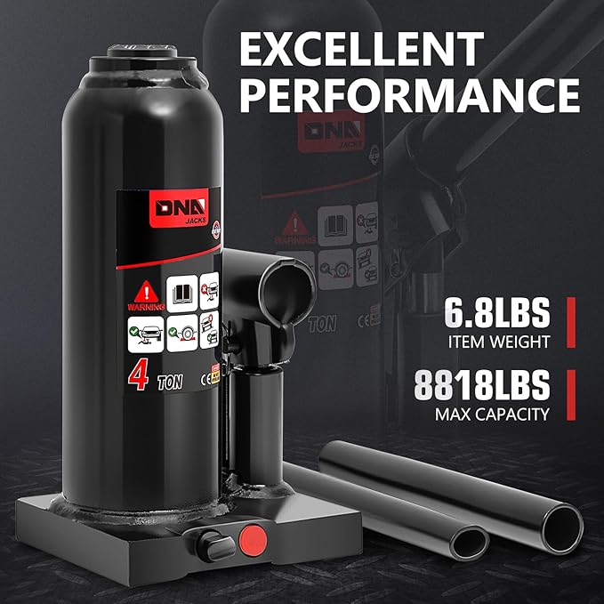 DNA Motoring 4 tons / 8818 lbs Lifting Automotive Welded Hydraulic Bottle Jack for Repair Vehicle, Pickup, Truck, w/Manual Handle, Black, TOOLS-00354