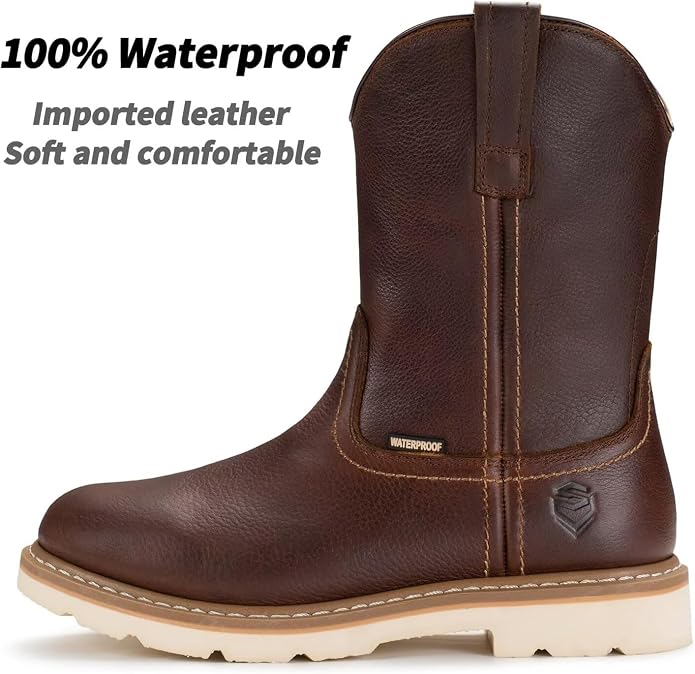 SUREWAY Mens 10 in Soft/Steel Toe Waterproof Wellington Boot,Heavy Duty Pull On Work Boots for Men,Full Grain Leather,Goodyear Welted,Superior Slip Resistant