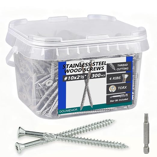 300pcs 304 Stainless Steel Deck Screws #10 x 2-1/2'' with Star Torx Drive Flat Head | Exterior Wood Structural Screws 2-1/2 Inch Rust Resistant Corrosion Resistance