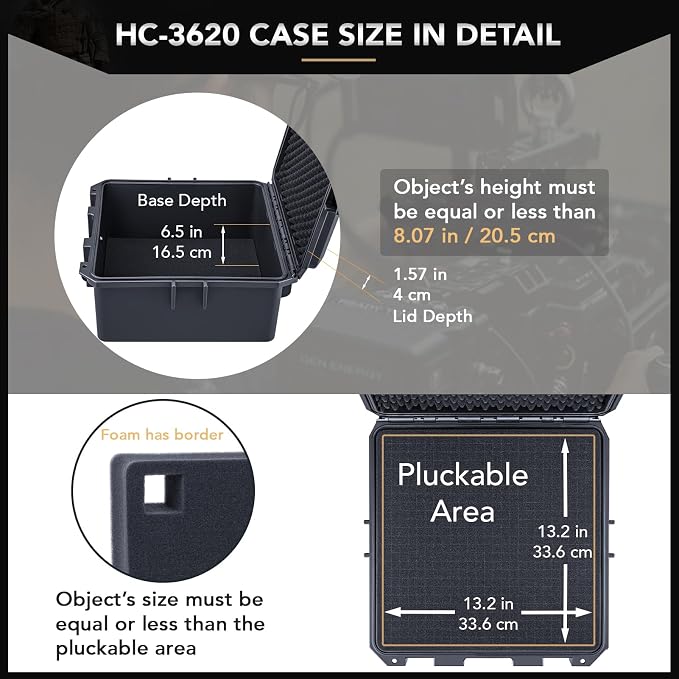 Lykus HC-3620 Waterproof Hard Case with Customizable Foam Insert, Interior Size 13.98x13.98x8.07 in, Suitable for camera, lens, drone, mic, flashlight, projector, electronics, tools, and more