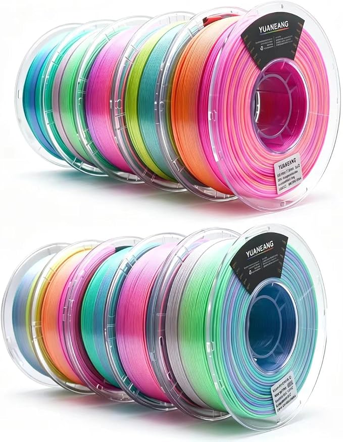 Silk PLA Filament 1.75mm, ±0.03mm Precision, Glossy Gradient Silk Colors, 1kg Spool (2.2 lbs), 10-Pack Silk PLA Bundle
