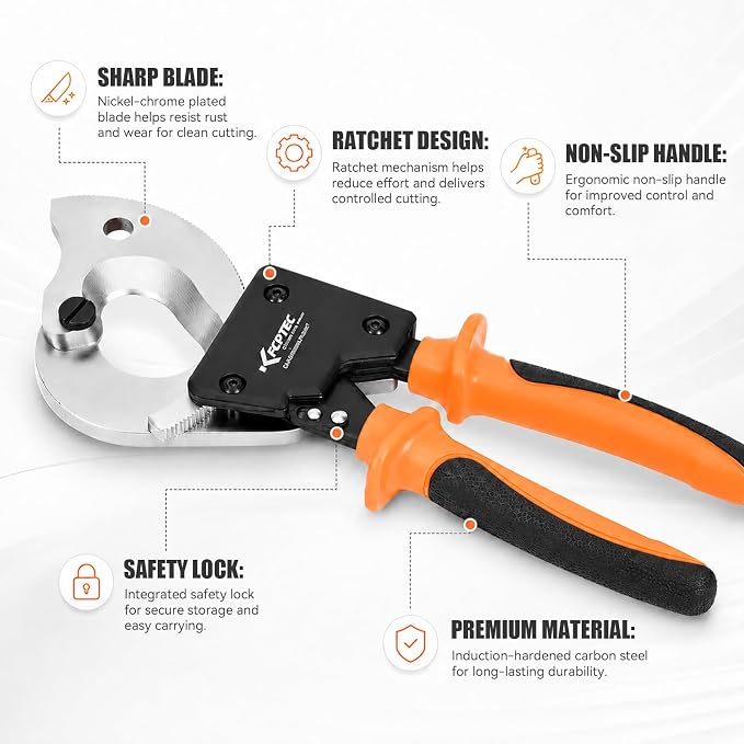 KF CPTEC Ratchet Cable Wire Cutter Heavy Duty, Cutting Tool for Electrical Aluminum, Copper and Multi-core Cables up to 300mm² / AWG 600MCM, Ergonomic Handle