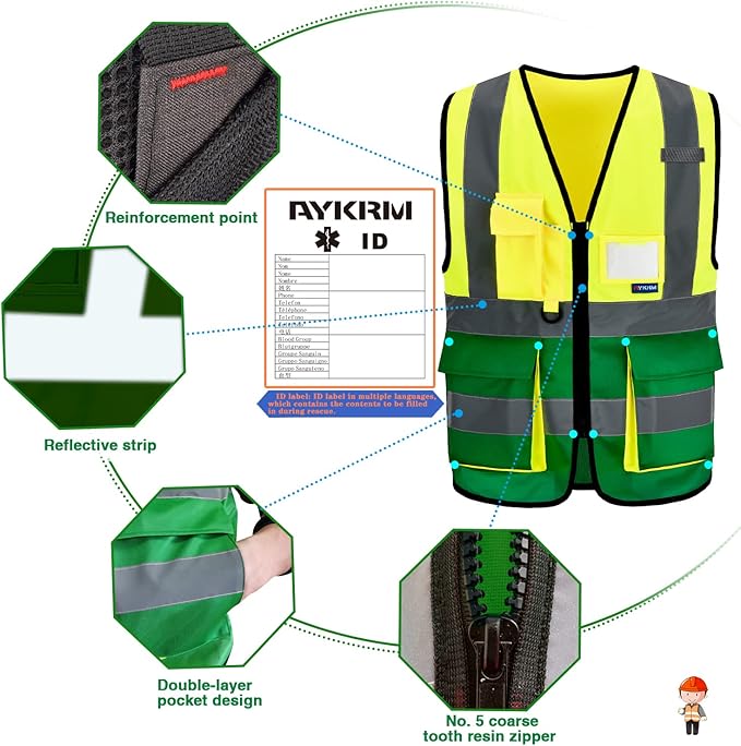 A-SAFETY Hi-Vis Reflective Vest, Radio Loop, Zipper, Yellow/Green, 6XL-8XL | Yellow/Green 6XL-8XL safety vest with 7 pockets, front zipper and reflective strips for sanitation work and landscaping.