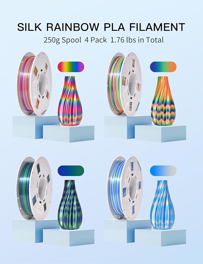PINBALL Silk Rainbow 3D Printer Filament Bundle, Shiny Multicolor PLA Filament Fast Color Change, 250g Spool, 4 Rolls, 4 Colors