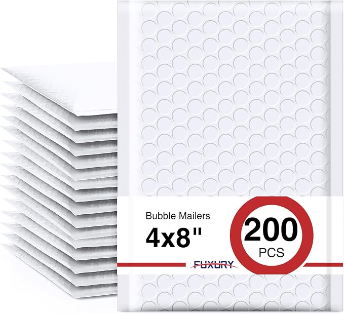 Fuxury Bubble Mailers 4x8 Inch White 200 Pack Padded Envelopes Usable Size 4x7" Thick Mailing Envelopes Bubble Opaque Padded Mailers Shipping Bags for Mailing Jewelry Makeup Small Business#000