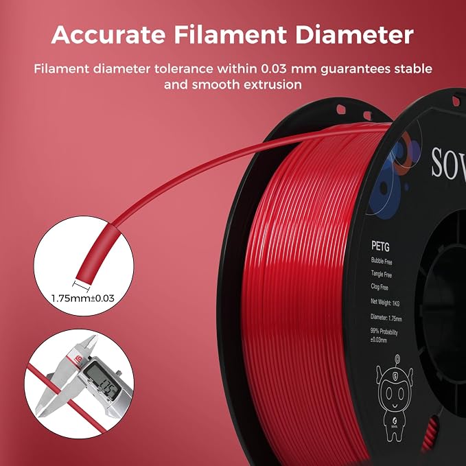 Sovol 3D Printer PETG Filament 1.75mm 1KG (2.2lbs), High Precision, Strong Toughness, Wiring Tightness, Dimensional Accuracy +/- 0.03 mm, 3D Printing PETG Filaments, Red