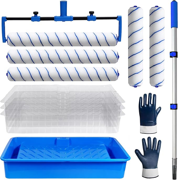 Paint Roller Kit, 12PCS Painting Set, 18 inch Paint Rollers Disposable Paint Tray Liners and Roller Covers, 21.26~47.64in Extension Pole, Large Paint Rollers(Gloves Included)
