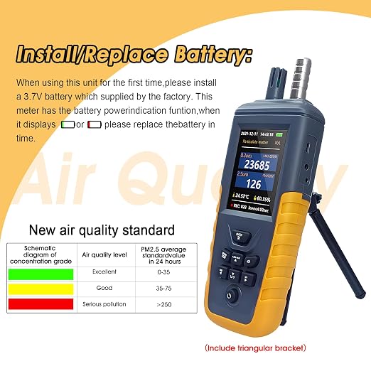 Air Quality Monitor Dust Particle Counter,High Sensitivity 3-Channel PM0.3/2.5/10 um Temperature and Humidity Monitor/USB Recharge Data Transfer/Storge Pollution Monitor