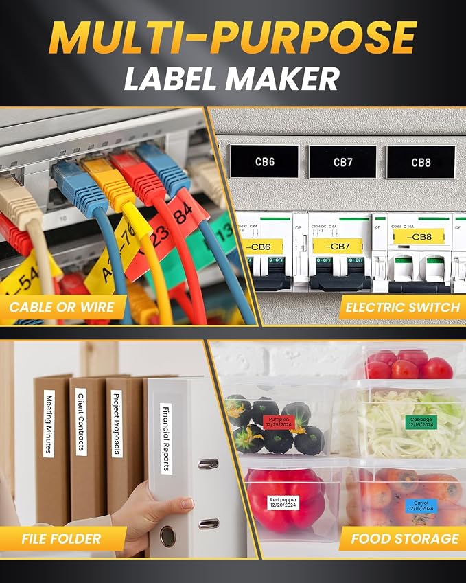 Vixic Label Maker Waterproof-Labels for Cable Wire Labeling, Industrial Heat Shrink Labeler Machine, E1000 Handheld Electric Labelmaker with Keyboard & Laminated-Tape for Electrician IT Network Office