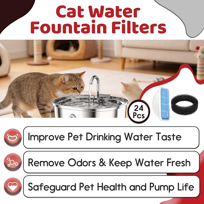 24+24 Pcs Filters & Sponges Compatible with PEKTACO 3.2L/2.5L Pet Fountain | Fine Purification Cleans Water, Freshens Odors