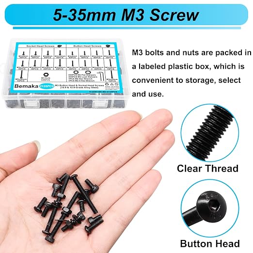 2135PCS M3 Screws Kit, M3x5/6/8/10/12/16/20/25/30/35mm Button Head and Socket Head Screws Bolts Nuts Washers Kit, 10.9 & 12.9 Grade Alloy Steel, Metric Bolts for 3D Printing