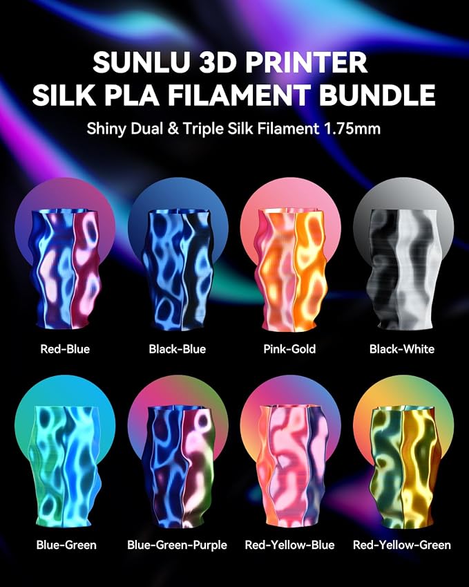 SUNLU 3D Printer Filament Bundle, Silk Filament Multicolor, Individually Vacuum Packed, Dual Color*5, Triple Color *3, 2kg in Total