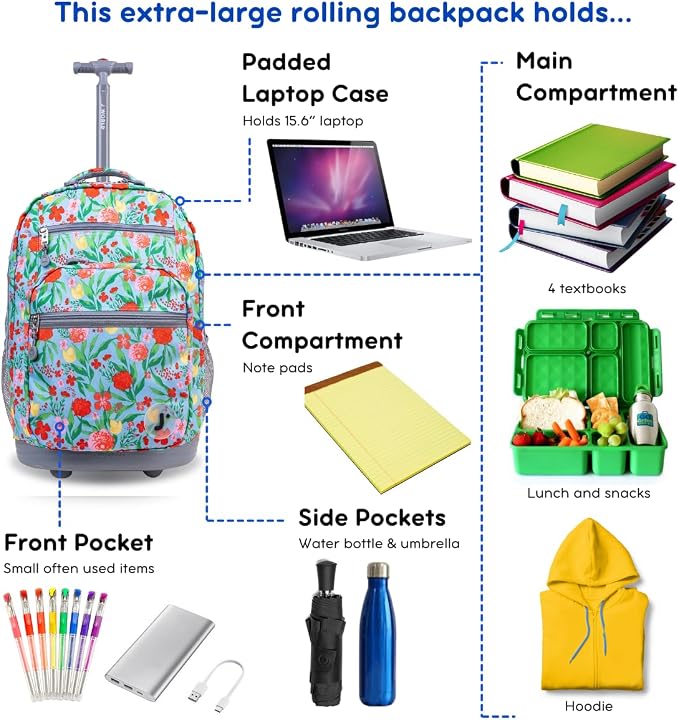 J World Sundance Laptop Rolling Backpack for Girls Boys. Roller Bookbag with Wheels, 20 Inch, Flora