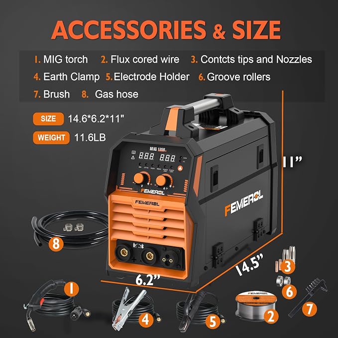 FEMEROL MIG Welder 110V 4 in 1 Multiprocess Welding Machine 135A Gas/Gasless Flux Core MIG Welder/Lift TIG/Stick With Synergy IGBT Inverter