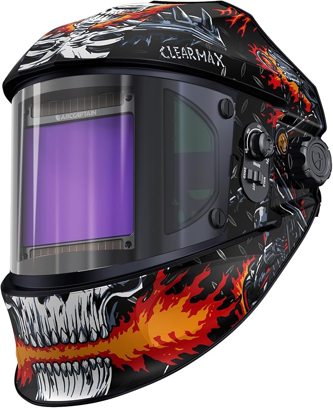 ARCCAPTAIN Super Large Viewing Welding Helmet with Side View, True Color 1/1/1/1 Solar Power Auto Darkening Welding Hood with 4 Arc Sensor, Wide Shade 4/5-9/9-13 for TIG MIG ARC Cut, Skeleton