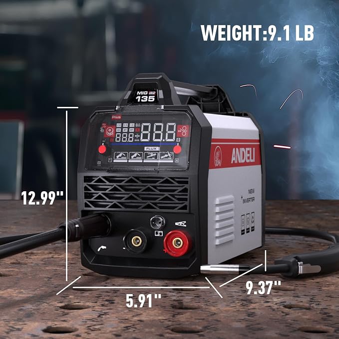 ANDELI 110V/220V MIG Welder 135A, PULSE Flux Core MIG/Lift Tig/Stick 3-in-1 Gasless MIG Welding Machine with Synergy，Large LED Display,2T/4T Full Kit (Bonus Welding Helmet & Gloves)