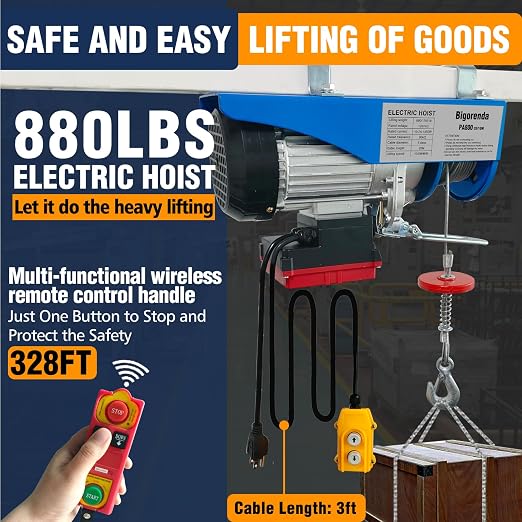 880lb Electric Hoist with Remote Control/Wired Control, Electric Hoist 2 in 1, 110v Electric Hoist with Single/Double Slings,65.6/33ft Lifting Height, for Factory Attic Garage Warehouse