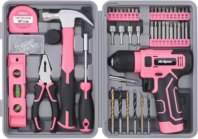 Hi-Spec 8V Cordless Drill Set & Tool Kit for Women – Ladies Complete Rechargeable Electric Power Drill Driver with Starter Tools, Compact Hand Toolbox, Pink, Ideal for Home Projects