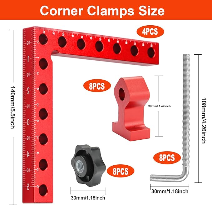 Corner Clamp for Woodworking, 90 Degree Clamp, Right Angle Clamp, 4 Pack 5.5" x 5.5" Aluminum Alloy Positioning Clamping Squares with Case for Picture Frames, Boxes, Cabinets, Drawers